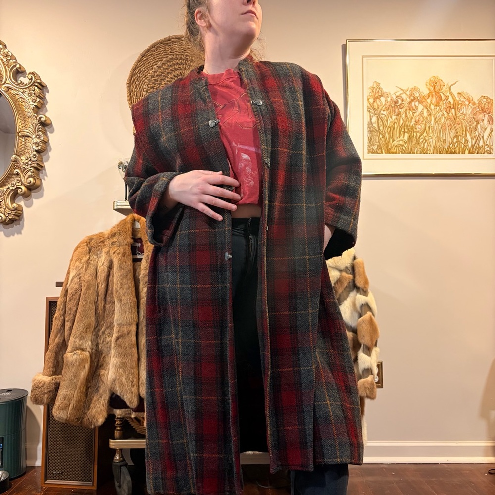 Vintage handmade Amy Jo Henigin red and grey plaid sheep’s wool coat